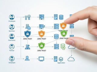Closeup of a hand placing a Zero Trust shield icon between every user and every resource on a network architecture diagram, for modern security models