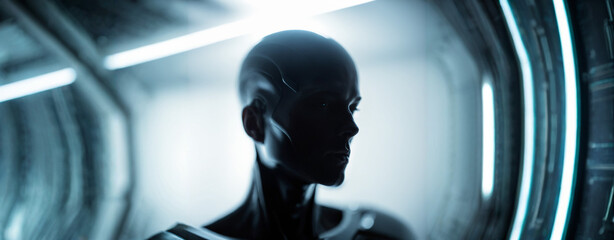 silhouette of a humanoid robot head in a dark futuristic spaceship corridor with white lighting.