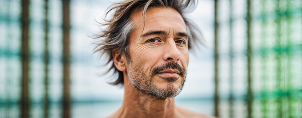 portrait of a mature senior man with grey hair and beard against a blurred city background.
