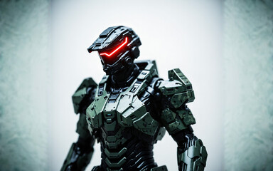 futuristic soldier in green combat armor suit with a red glowing visor in a bright room.