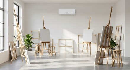 Bright and Minimalist Art Studio with Easels and Natural Light.