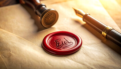 eid wax seal on aged parchment paper with a vintage fountain pen and sealing stamp representing traditional religious holiday celebration.