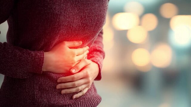 Woman Suffering from Irritable Bowel Syndrome, Severe Abdominal Pain with Red Glow Highlighting Discomfort