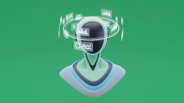 A futuristic illustration of a person wearing virtual reality goggles with a green background