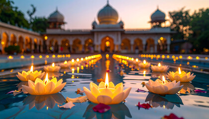 floating lotus candles illuminate a sacred temple or mosque during a serene dusk festival perfect for cultural and spiritual travel content