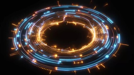 Futuristic glowing blue and orange digital circular interface with abstract data visualization on a dark background. - Powered by Adobe