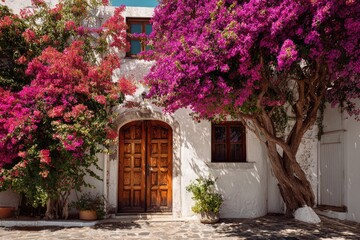 Fototapeta premium Charming courtyard entrance with wooden door, vibrant flowers, and stone path