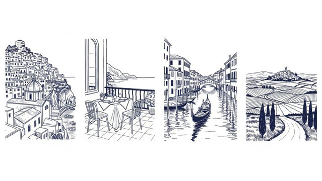 Italy's timeless charm, with iconic scenes coastal villages, Venetian canals, Tuscan vineyards, evoking wanderlust and discovery