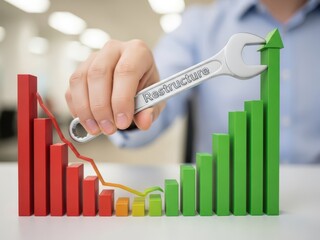 Business turnaround strategy with a hand applying a Restructure tool to a declining financial chart to show a projected recovery trajectory