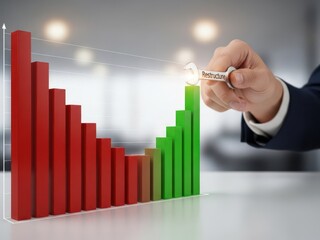 Business turnaround strategy with a hand applying a Restructure tool to a declining financial chart to show a projected recovery trajectory