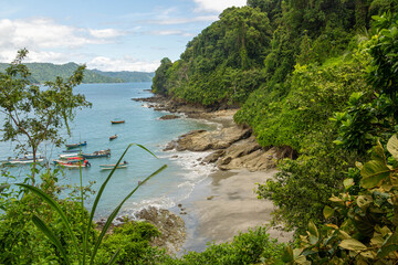 Lush tropical foliage framing coastal bay with anchored boats © carlos daniel