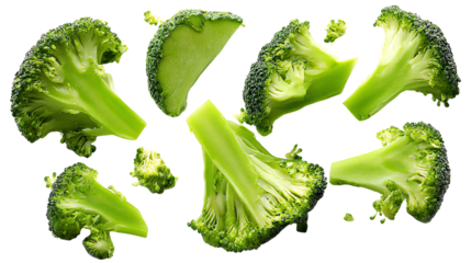 Fresh broccoli florets on a white isolated background, showcasing vibrant green color and healthy appearance.