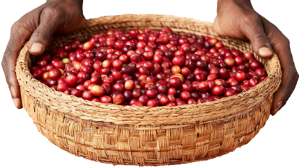 Fresh coffee cherries in a woven basket held by hands, isolated on a white background.