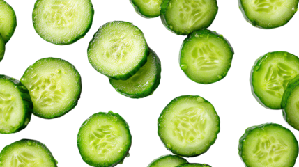 Fresh cucumber slices on a black background for culinary designs and healthy eating themes.