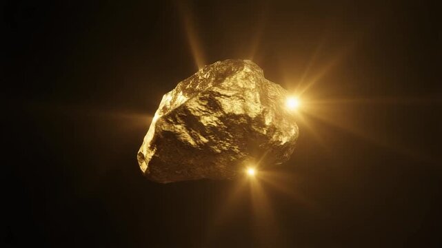 A gleaming, rough-textured gold nugget floats in darkness, illuminated by bright, starburst-like light sources.