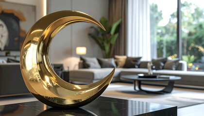 golden crescent sculpture on a black marble table in a luxurious modern living room perfect for upscale interior design.