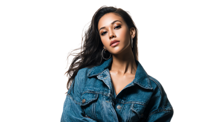 Portrait of a confident woman in a denim jacket, showcasing modern fashion style.