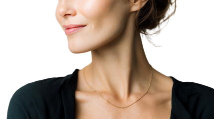 Profile of a smiling woman with a natural look, exhibiting confidence and style.