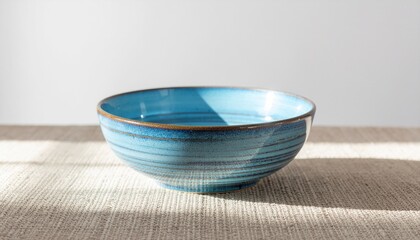 Minimal patina blue ceramic bowl with soft shadow, pottery product background