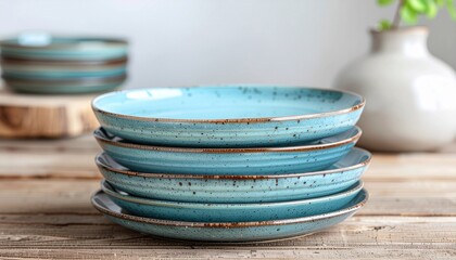 Patina blue ceramic plates stacked with soft light, minimal tableware scene