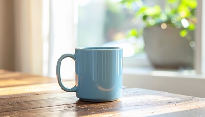 Matte patina blue coffee mug on table with soft light, minimal lifestyle background