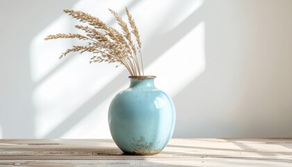 Patina blue ceramic vase with dry plants, minimal interior decor background