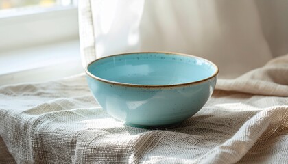 Handmade patina blue ceramic bowl on linen surface with soft light, minimal still life background
