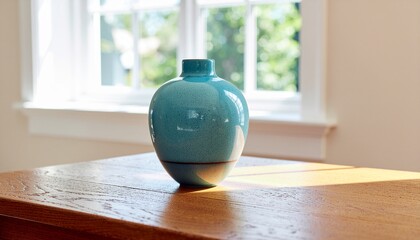 Matte patina blue ceramic vase on wooden table with natural light, minimal interior background
