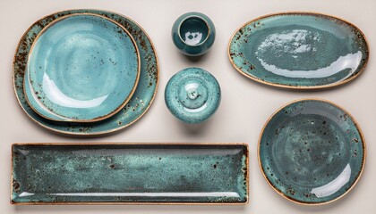 Minimal flat lay with patina blue ceramic objects, clean product background