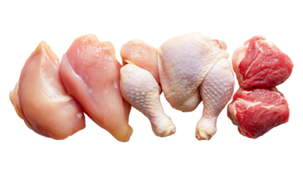 Various cuts of raw chicken and beef on a white isolated background.