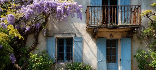Charming house with wisteria cascading over facade, light blue shutters, balcony, and lush greenery