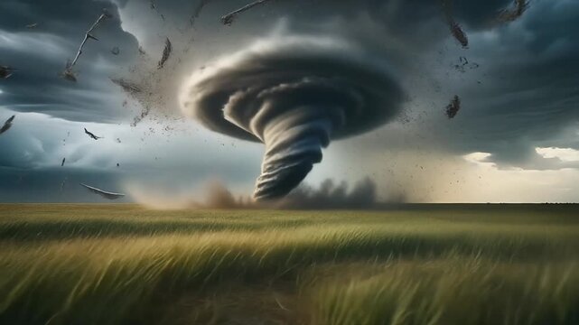 A powerful tornado rips through a grassy field, with debris flying through the stormy sky.