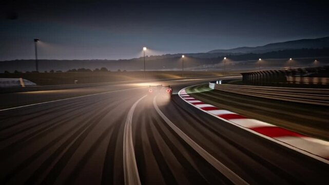 Racing Car Speeding on a Track at Dusk with Motion Blur