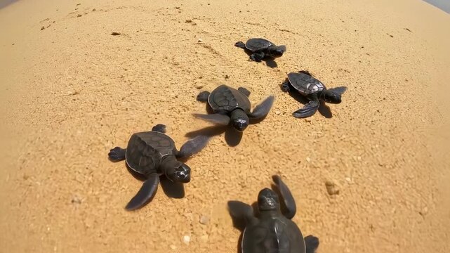 Tiny sea turtles emerge on sandy shore, moving towards the ocean. Shot from a low angle