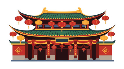 Modern vector illustration of traditional Chinese temple decorated with lanterns during Chinese New Year, peaceful celebration, cultural heritage, and festive spirituality