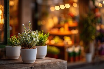 Charming potted plants on weathered wood with blurred floral shop background