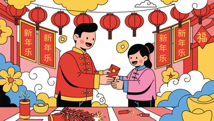 Modern vector illustration of people exchanging greetings and gifts during Chinese New Year, social celebration, goodwill, and festive cultural tradition © meeblues