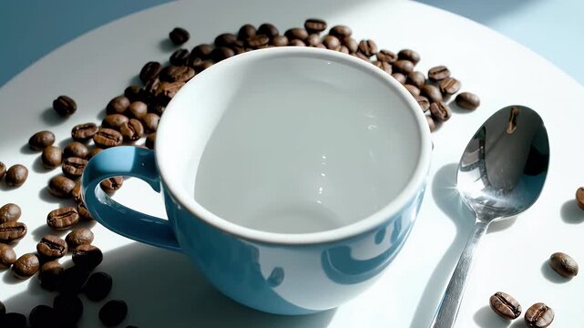 Empty blue ceramic coffee cup surrounded by roasted beans and a spoon on a white table creating a minimalist morning beverage concept for marketing