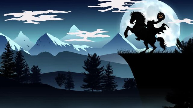 Headless Horseman Clifftop Vector 4K Loop features a vector illustrated scene with mountains, clouds, and trees, with a headless horseman on a clifftop with a full moon behind in a loop.