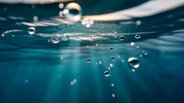 Bubbles rise through sunlit ocean water creating mesmerizing patterns and rays