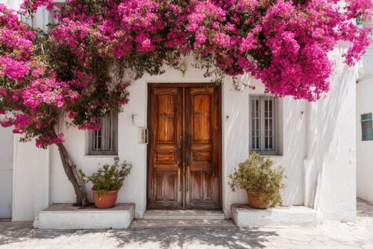 Charming white home with wooden door, flowering bougainvillea