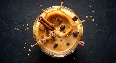 Stylized Iced Coffee Splash with Cinnamon Stick and Floating Coffee Beans
