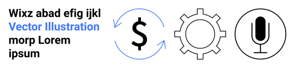Obraz premium Finance, technology, communication, workflow, monetary transactions, audio services. Circular dollar arrows, gear and microphone icons are . Finance and technology concept visualization