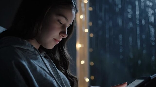 Young woman engrossed in her phone by a window on a rainy night, illuminated by soft string lights, reflecting a moment of quiet focus and thoughtful connection