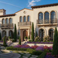 Luxurious Mediterranean Villa with Lush Landscaping and Arched Windows.
