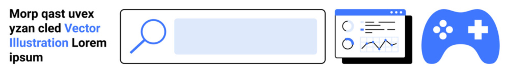Technology, user interface, data analysis, gaming, search functionality, digital tools. Search bar, analytics dashboard game controller icons. User interface and data analysis concept