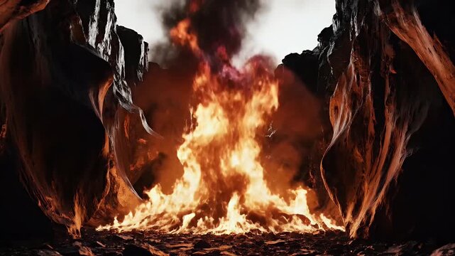 Fiery Inferno in a Volcanic Canyon - Dramatic Landscape of Intense Heat and Destruction Perfect for Fantasy Sci-Fi or Apocalyptic Visuals