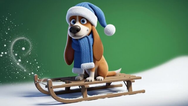 A cartoon dog wearing a blue scarf and Santa hat sits on a wooden sled in a snowy landscape.