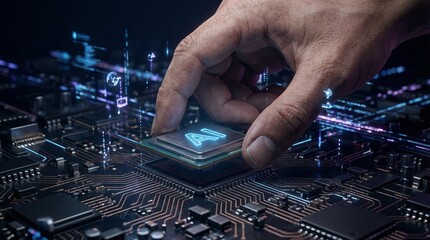 human hand placing AI processor or microschip. Symbolizing technology in the future