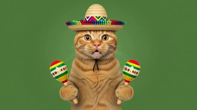 A cartoon cat wearing a sombrero and holding maracas against a green background